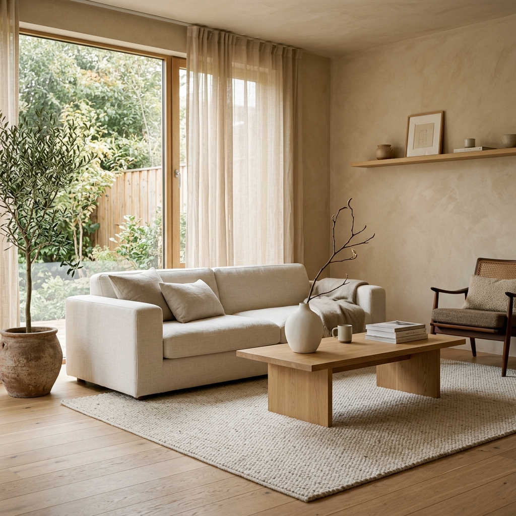 Diseño de salón minimalista y cálido por decomorach