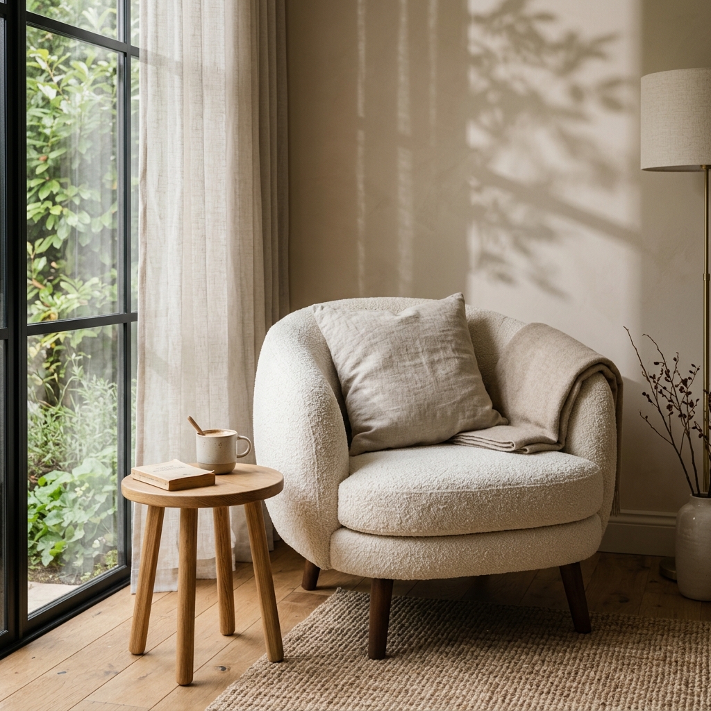 Rincón minimalista con sillón boucle blanco y mesa de roble