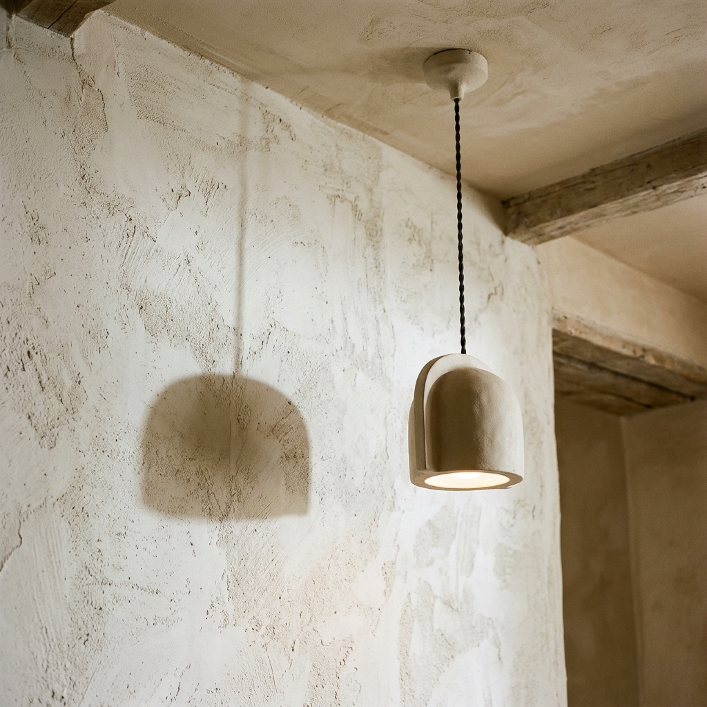 Lámpara de techo colgante minimalista con sombras en pared de estuco